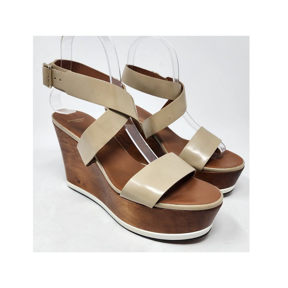 Givenchy Platform Wood Wedge Sandals Women 38/8 Tan Strappy Leather Buckle